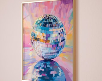 Póster de bola de espejo, arte de pared rosa fuerte, póster de bola de discoteca rosa, arte de pared retro estético de moda, impresión de discoteca, decoración de dopamina Y2K, impresión de discoteca