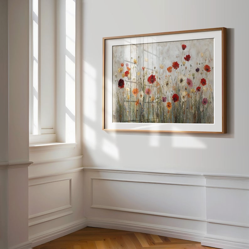 Wildflower Field Framed Wall Art, Abstract Botanical Landscape print, Vintage Floral Decor, Modern Farmhouse Art, Flowers Wall Art Print image 3