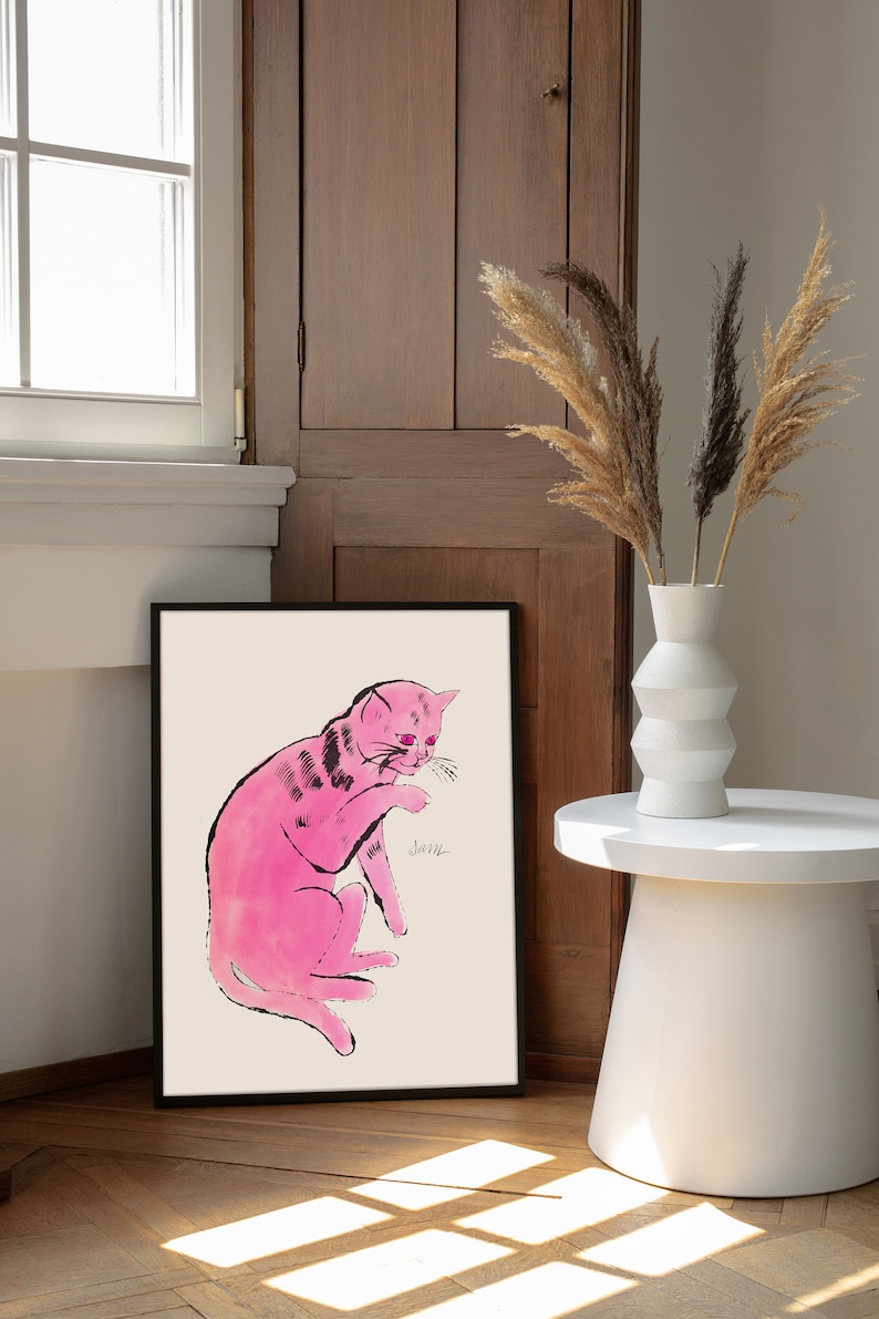 Andy Warhol Cat Sam pop art poster, Andy Warhol Pink Cat Print, Line Art wall decor, Cat poster, Cat print, Contemporary art print image 3