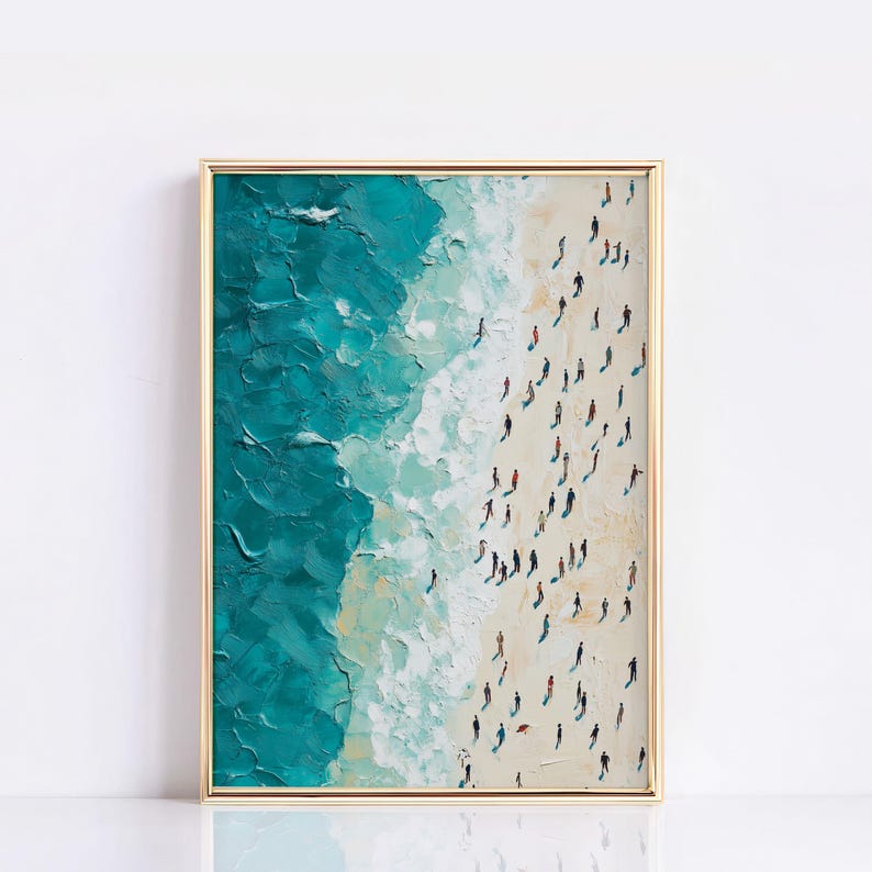 May include: A painting depicting a beach scene with turquoise water and white sand. The painting shows a large group of people walking on the beach, viewed from above.