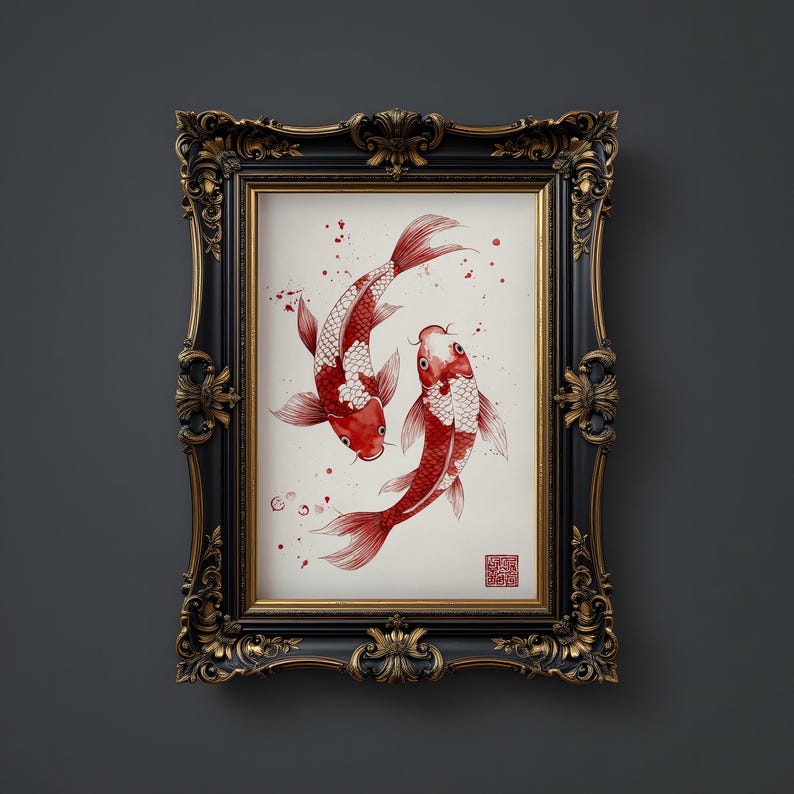 May include: Framed watercolor painting of two red and white koi fish swimming in a circle against a white background with red splatters. The frame is black with gold accents.