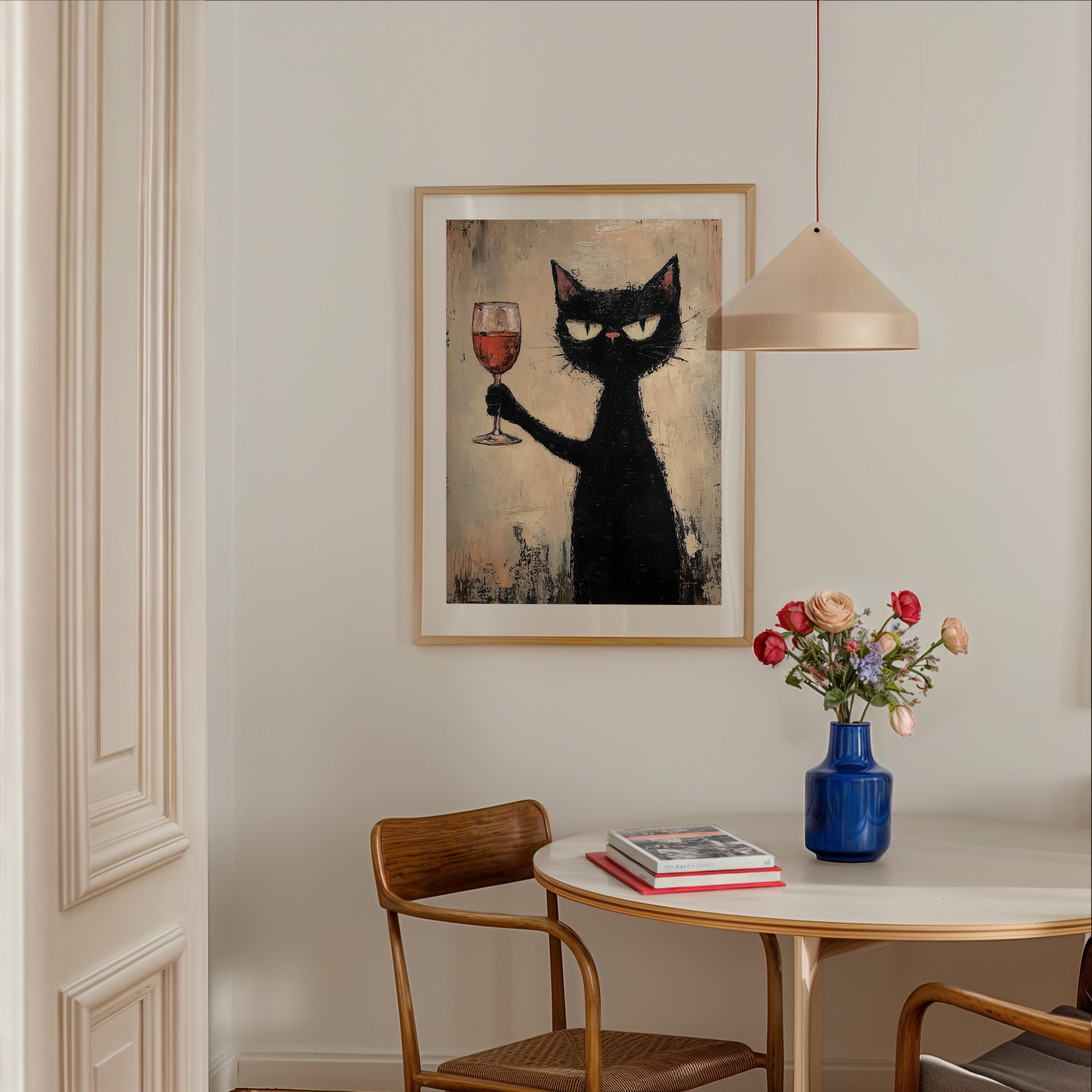 BLACK CAT　壁飾り棚 Black Cat With Wine Poster, Black Cat Art Print, Cat Lovers Gift