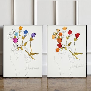 SET OF 2 Rare Andy Warhol Flower drawing poster, Andy Warhol Flower Print, Flower Hand poster, Wall art decoration, Warhol Minimalist print
