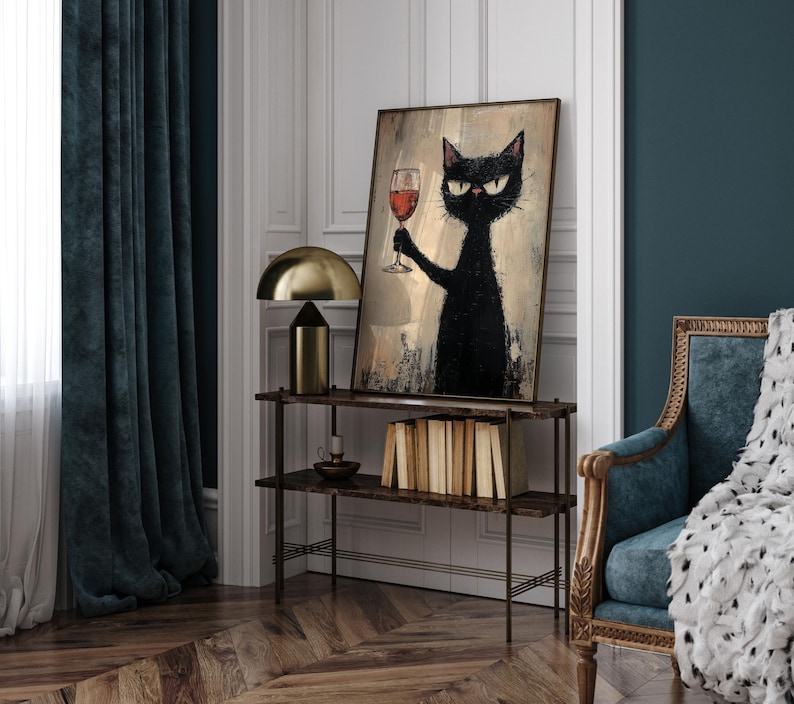 Black Cat With Wine Poster, Black Cat Art Print, Cat Lovers Gift Print ...