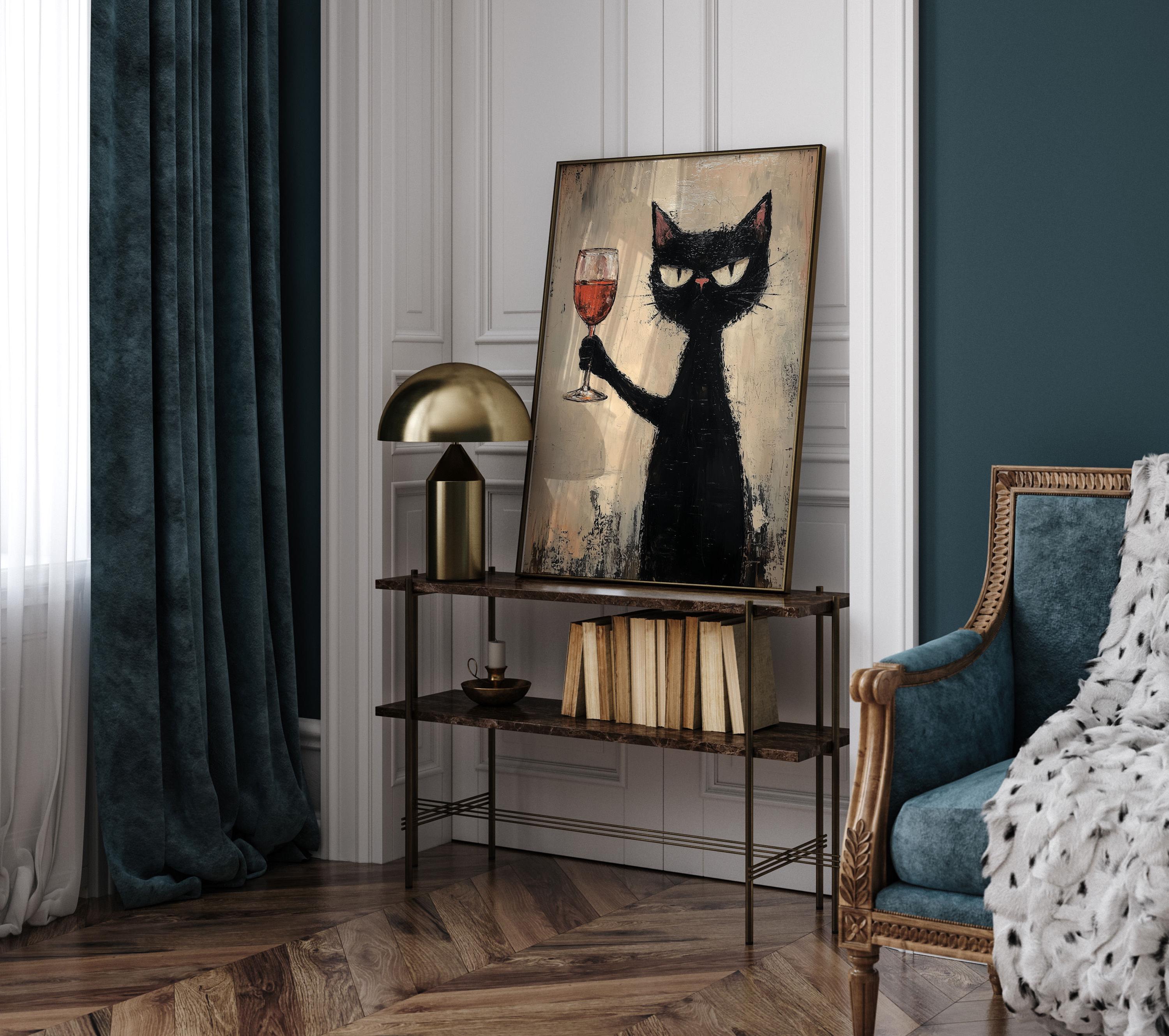Black Cat With Wine Poster, Black Cat Art Print, Cat Lovers Gift Print ...