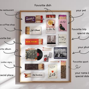 May include: A framed collage featuring various matchboxes, a vinyl record, a photo, and other items. Text includes "The Noodle Shop", "Cafe Kitsune", "Bar Primi", "King Harvest", "New York City", and "L+S". The collage is a personalized gift.