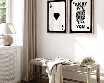 SET OF 2 Trendy Retro Wall Art, Lucky You Poster, Retro Aesthetic