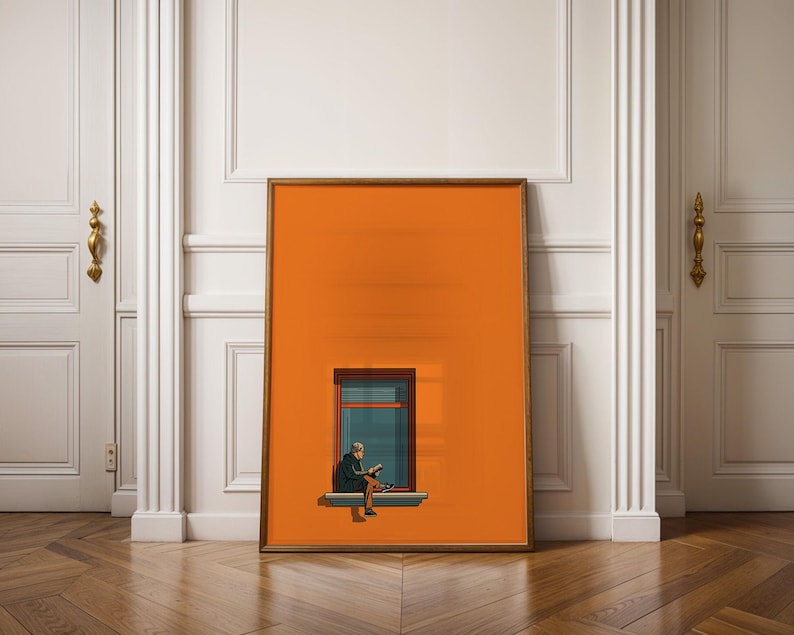 Arte minimalista naranja para pared, pintura decorativa estética para el hogar, estampado cálido y soleado, póster para amantes de los libros, decoración que estimula la dopamina imagen 9