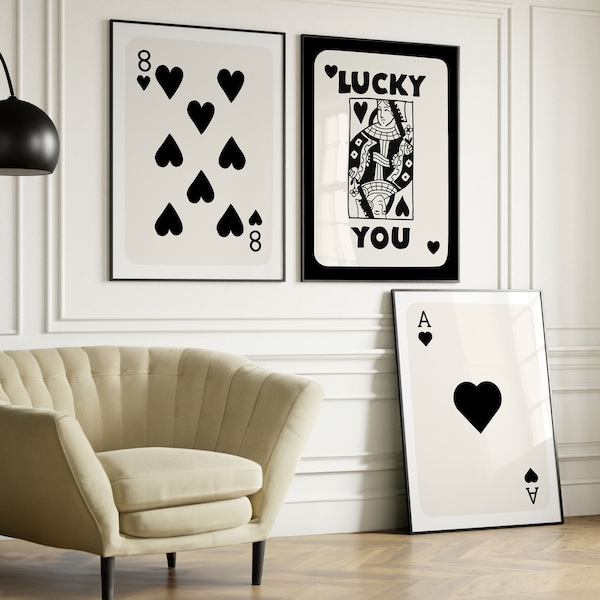 SET OF 3 Trendy Retro wall art, Lucky You poster, Retro Aesthetic Print, Black Ace Card Poster, Trendy Wall Art, Birthday Gift