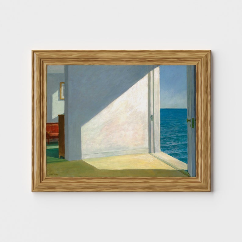 May include: A painting depicting a room with an open door revealing a view of the sea. The room is painted in shades of blue and white, with a single red chair in the corner. The sea is a deep blue, with whitecaps on the waves.