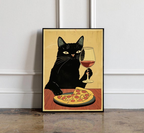 Vintage Black Cat Poster, Bar Decor Wall Art, Kitchen wall decor, Japanese cat wall art print, Cat Lovers Gift, Animal Wall Decor