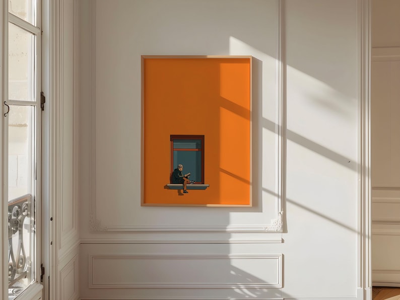 Arte minimalista naranja para pared, pintura decorativa estética para el hogar, estampado cálido y soleado, póster para amantes de los libros, decoración que estimula la dopamina imagen 7