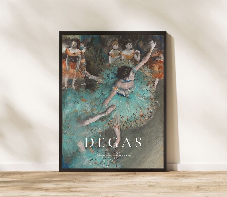 May include: A painting by Edgar Degas titled "Stage Dancers" depicting a group of dancers in a pastel color palette. The main dancer is wearing a turquoise tutu and is in mid-air, while the other dancers are in the background.