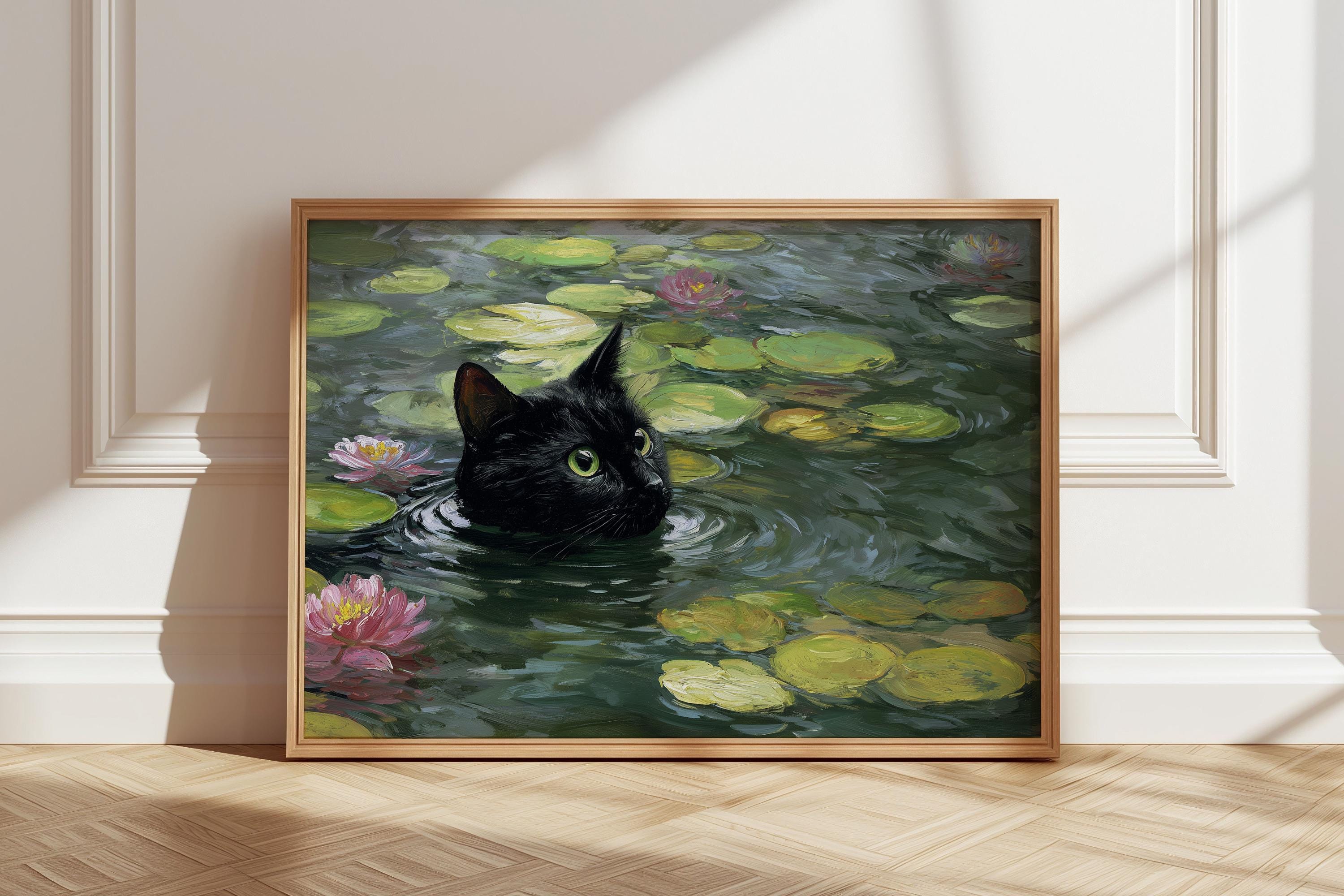 モネの睡蓮の猫のプリント、クロード・モネの猫のポスター、黒猫の