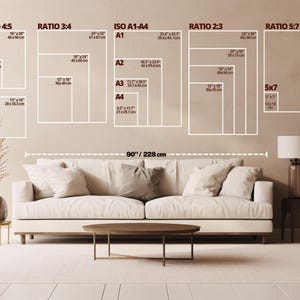 May include: A diagram showing different print sizes and ratios for artwork, including 4:5, 3:4, 2:3, 5:7, and ISO A1-A4. The diagram is displayed on a wall with a white couch and a lamp in front of it.