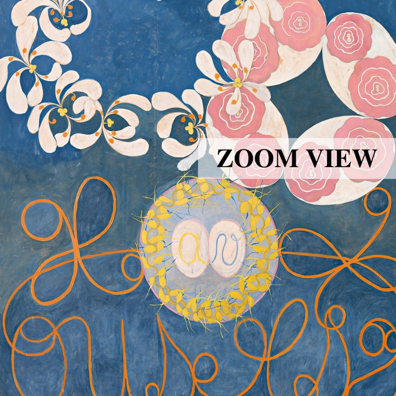 May include: Abstract painting with a blue background, featuring a circular shape with yellow and orange details, surrounded by a swirling orange line. The top of the painting features a cluster of white and pink flowers.