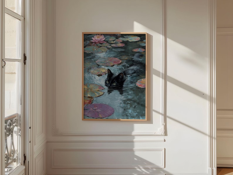 May include: A framed art print depicts a black cat swimming in a pond with lily pads and a pink water lily. The artwork has a vintage aesthetic, with muted colors and a focus on nature. The cat's eyes are visible.
