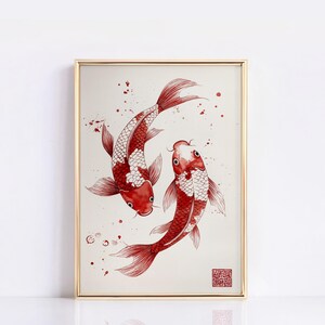 May include: A framed watercolor painting of two red and white koi fish swimming in a circle against a white background with red watercolor splatters. The painting has a red seal in the bottom right corner.
