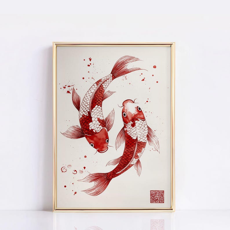 May include: A framed watercolor painting of two red and white koi fish swimming in a circle against a white background with red watercolor splatters. The painting has a red seal in the bottom right corner.