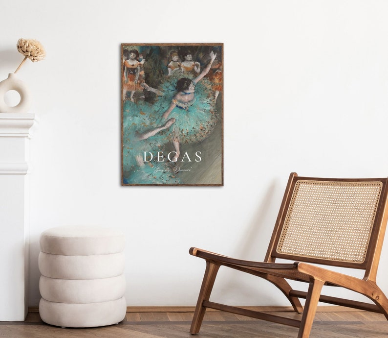 May include: A framed art print featuring a painting of a ballerina in a green tutu, with other dancers in the background. The print is titled "Degas" and includes the artist's signature.