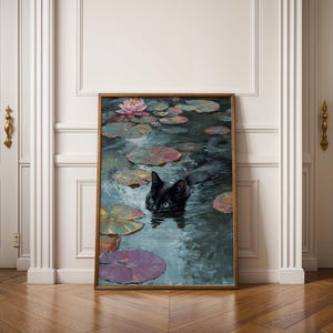 May include: A framed painting depicts a black cat swimming in a pond with lily pads and a pink water lily. The artwork has a vintage aesthetic, with a wooden frame and a focus on the cat's eyes.