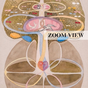 May include: A watercolor painting of a tree with a heart at its center. The tree is surrounded by a series of concentric circles, each with a different color. The heart is red and pink, and the circles are yellow, blue, and green. The painting is titled "ZOOM VIEW".