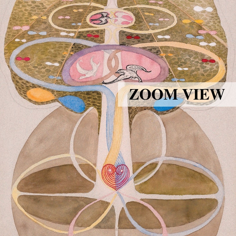 May include: A watercolor painting of a tree with a heart at its center. The tree is surrounded by a series of concentric circles, each with a different color. The heart is red and pink, and the circles are yellow, blue, and green. The painting is titled "ZOOM VIEW".
