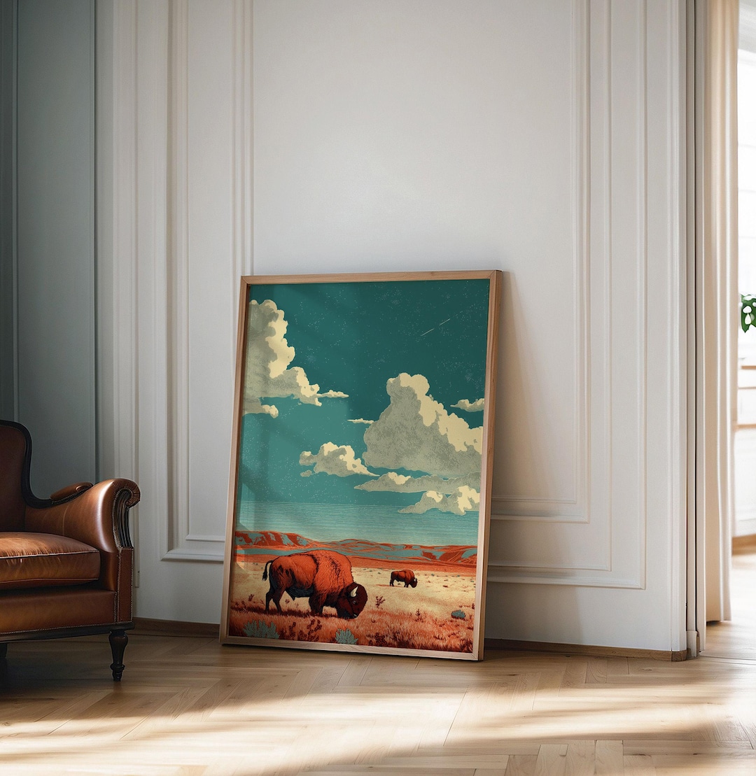 Vintage Bison Wall Art, Retro Western Poster, Desert Landscape Print ...