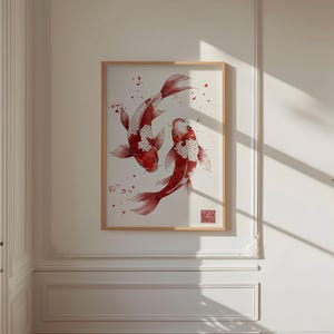 May include: A framed watercolor painting of two red and white koi fish swimming in a circle against a white background.