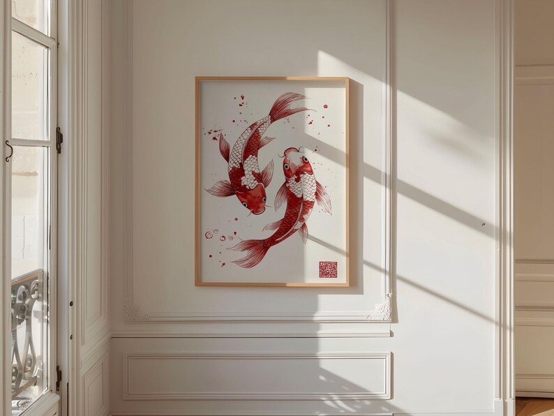 May include: A framed watercolor painting of two red and white koi fish swimming in a circle against a white background.