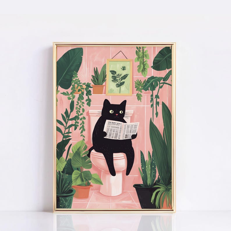 May include: A black cat sits on a pink toilet reading a newspaper in a bathroom with pink walls and green plants.