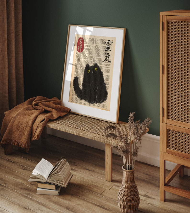 Japanese Cat Poster on Vintage Book Page, Japanese Cat Art Print, Cat ...