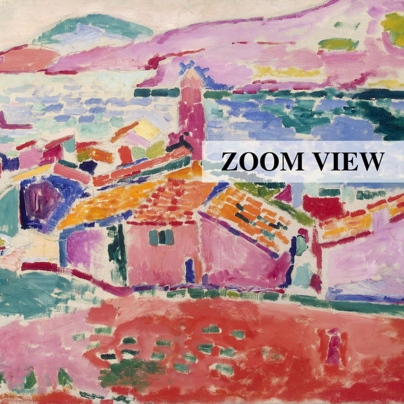 May include: A colorful abstract painting of a village with houses and a red roof. The painting is done in a style reminiscent of Henri Matisse, with bold colors and simplified forms. The background features a blue and green sea and a pink and green hillside.