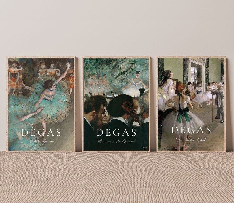 May include: Three framed art prints of ballet dancers by Edgar Degas. The prints are in a muted color palette of green, brown, and white. The first print shows a dancer in a green tutu, the second print shows dancers in a green and brown setting, and the third print shows dancers in a white and green setting.