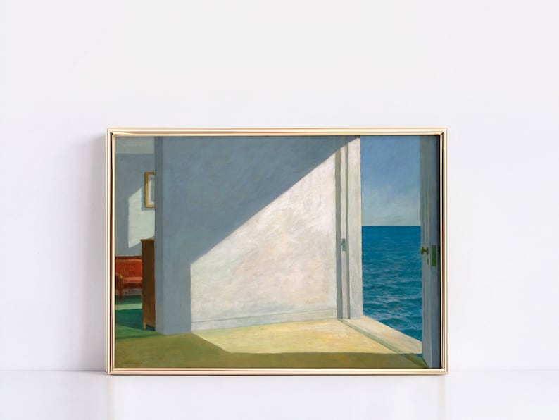 May include: A painting depicting a room with a door opening onto a view of the sea. The room is bare except for a chair and a table. The sea is blue and the sky is clear.
