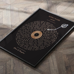 May include: A black framed print with a gold record design and lyrics from a song. The text "SONG NAME" and "ARTIST" are at the top of the print. The text "Oliver & Meaghan" is at the bottom of the print.