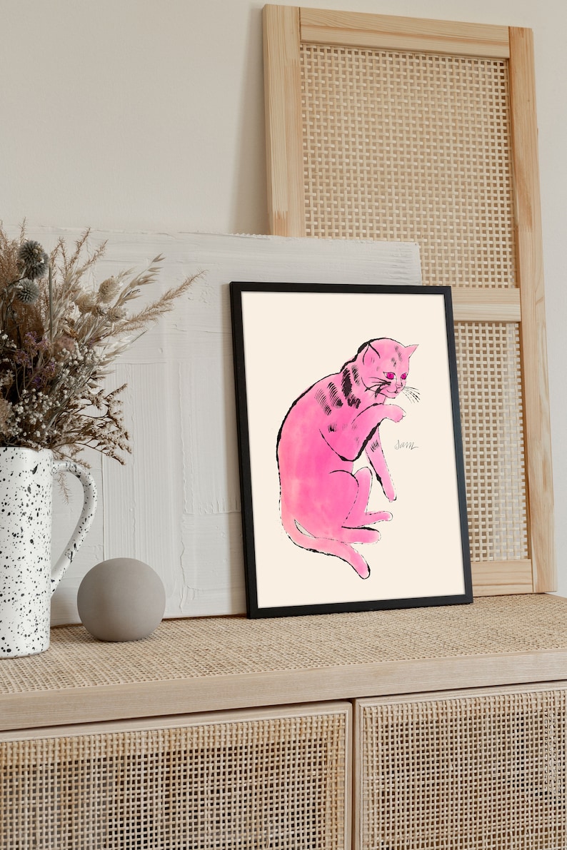 Andy Warhol Cat Sam pop art poster, Andy Warhol Pink Cat Print, Line Art wall decor, Cat poster, Cat print, Contemporary art print image 2