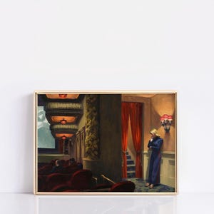 May include: A painting of a woman standing in a theater lobby, looking down at the floor. She is wearing a blue dress and has blonde hair. The theater is dimly lit, with red velvet curtains and a staircase in the background. There are people sitting in the seats in the foreground.