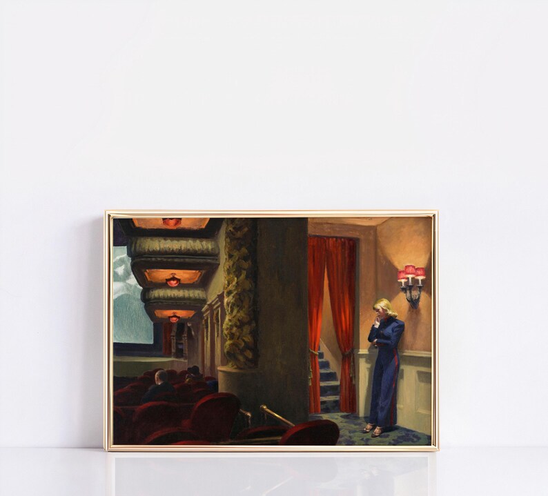 May include: A painting of a woman standing in a theater lobby, looking down at the floor. She is wearing a blue dress and has blonde hair. The theater is dimly lit, with red velvet curtains and a staircase in the background. There are people sitting in the seats in the foreground.