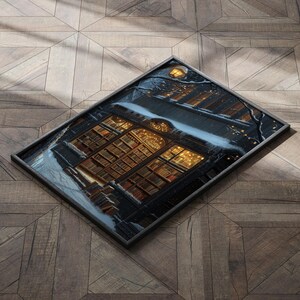 May include: A framed photograph of a bookstore storefront with a large window display of books. The storefront is covered in snow and lit up with warm, inviting lights.