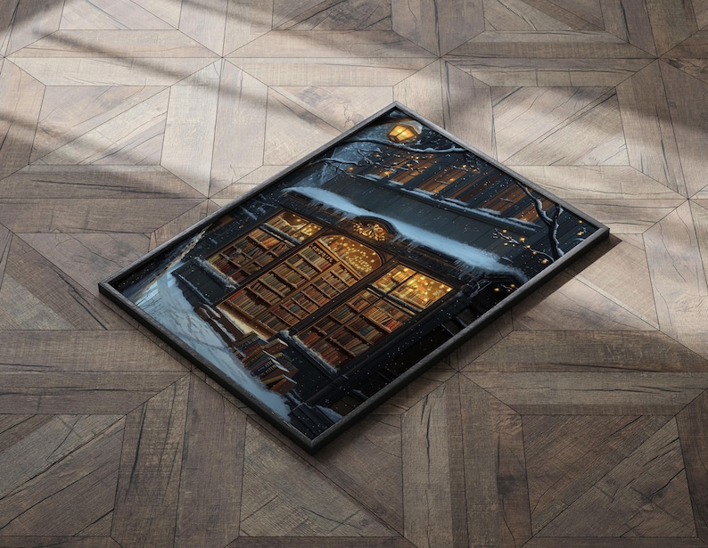 May include: A framed photograph of a bookstore storefront with a large window display of books. The storefront is covered in snow and lit up with warm, inviting lights.