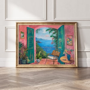 May include: A painting of a balcony overlooking a blue ocean with a green door and a wicker chair. The balcony is decorated with plants and flowers. The painting is framed in gold.