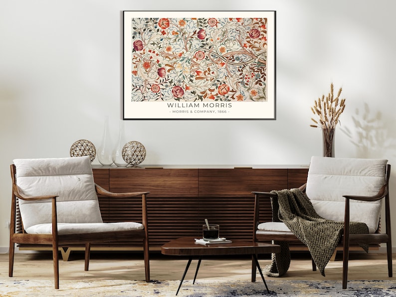 May include: A framed print of a floral pattern with a white background and red, blue, and green flowers. The print is titled "William Morris - Morris & Company, 1866."