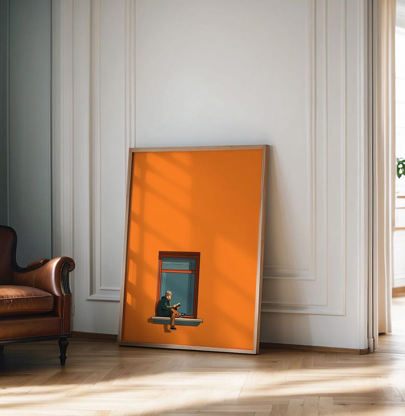 Arte minimalista naranja para pared, pintura decorativa estética para el hogar, estampado cálido y soleado, póster para amantes de los libros, decoración que estimula la dopamina imagen 1