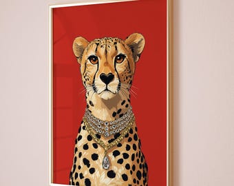 Maximalist Decor, Cheetah Wall Art, Leopard Art Print, Glam Preppy decor, Dorm Teen Room print, Trendy Emerald Red Leopard Print