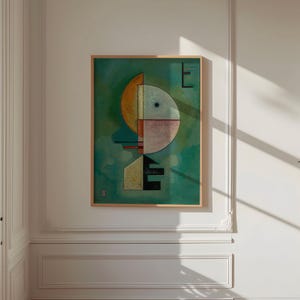 Może przedstawiać: Abstrakcyjny wydruk artystyczny w drewnianej ramie. Grafika przedstawia geometryczne kształty w kolorze pomarańczowym, morskim, r&oacute;żowym i czarnym na tle morskim. Kompozycja zawiera p&oacute;łkole, prostokąty i literę "E".