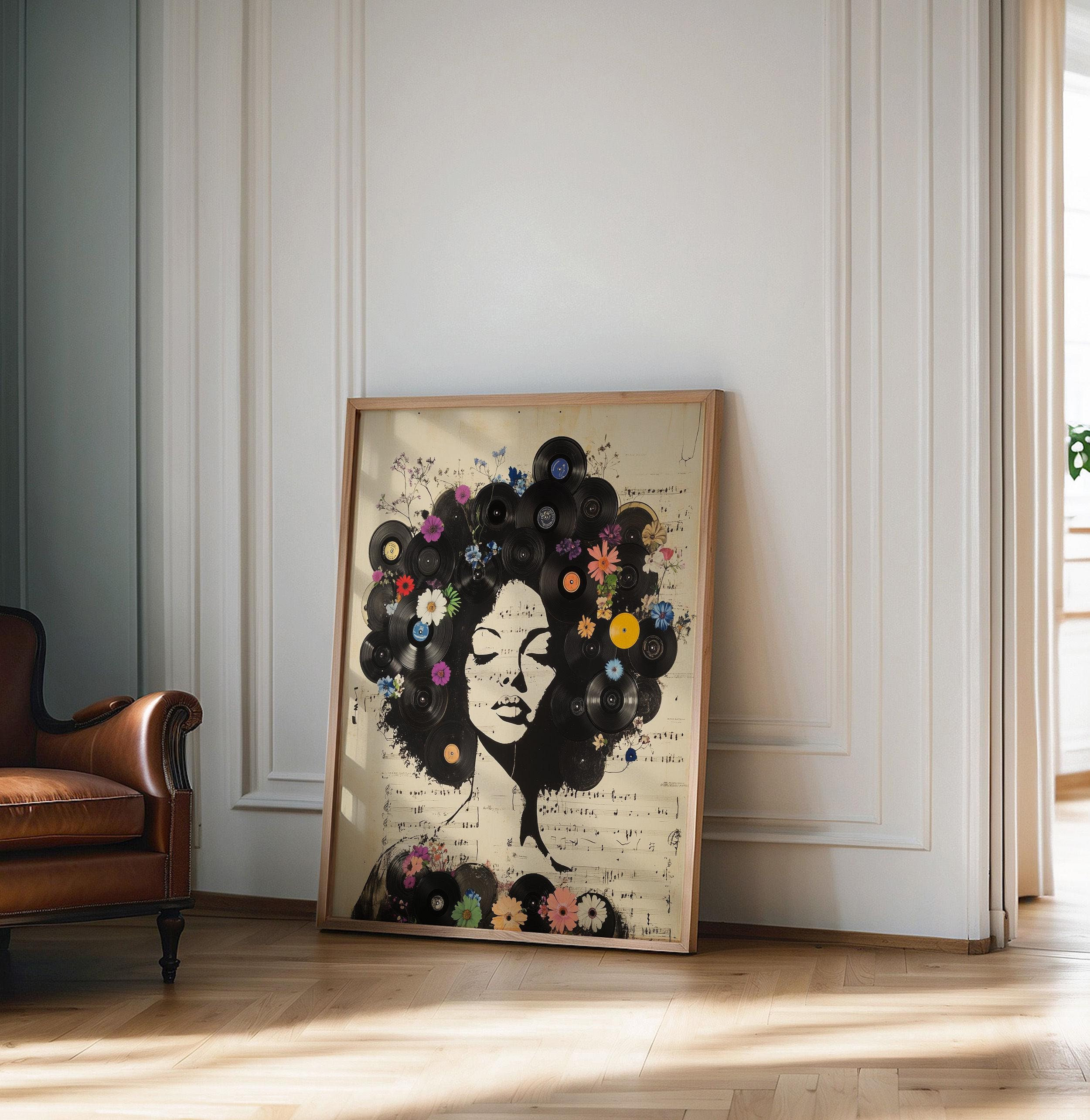 Colorful Vinyl Record Art Print With Floral Design, Afro Woman