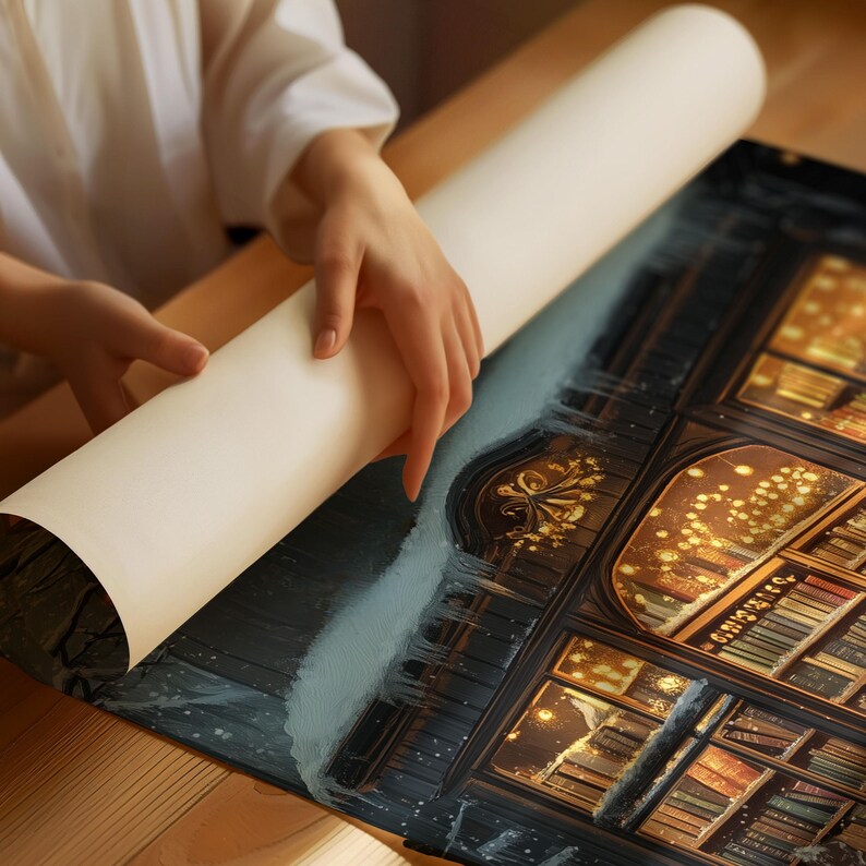 May include: A dark blue and gold print of a bookshelf filled with books, with a snowy scene in the background. The print is rolled up and being held by a hand.