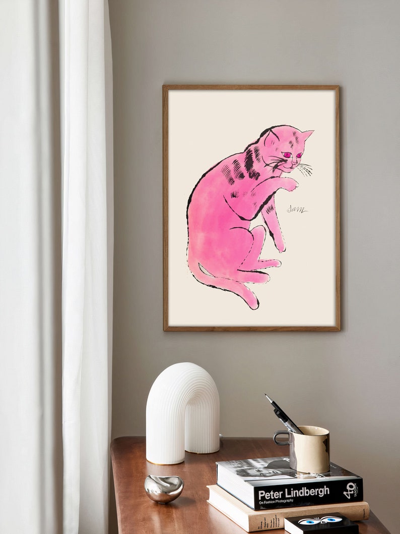Andy Warhol Cat Sam pop art poster, Andy Warhol Pink Cat Print, Line Art wall decor, Cat poster, Cat print, Contemporary art print image 4