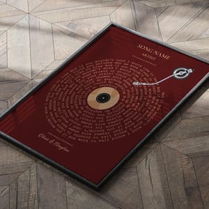 May include: A red vinyl record with a gold record in the center. The record has lyrics printed in white around the gold record. The record is on a black frame with a white background. The text "SONG NAME" and "ARTIST" is printed in white at the top of the frame. The text "Oliver & Menghar" is printed in white at the bottom of the frame.